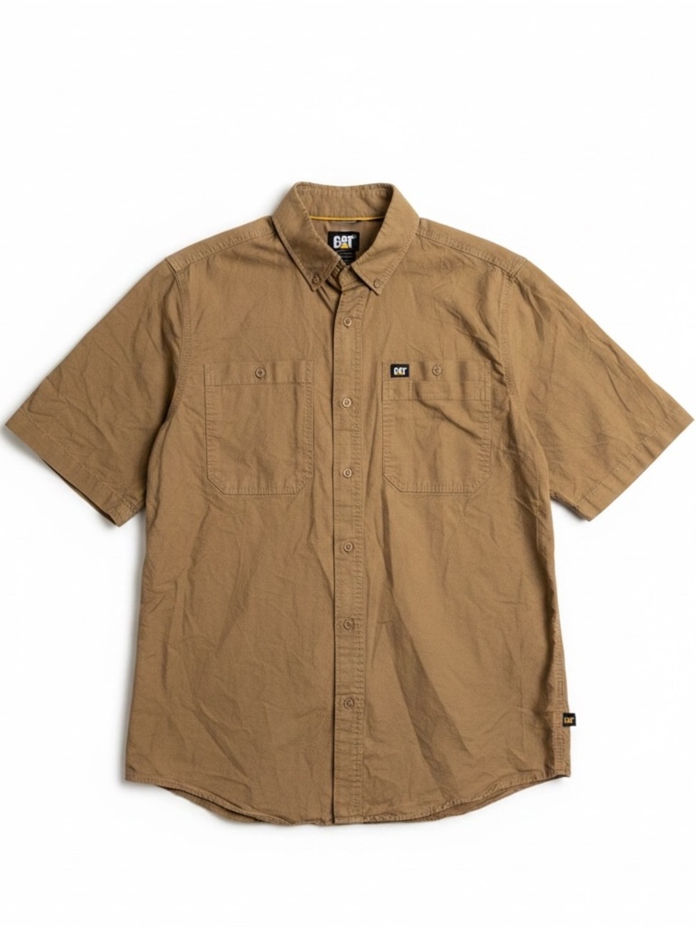 Caterpillar CAT Workwear Short Sleeve Button Down Shirt Tan Khaki Size M